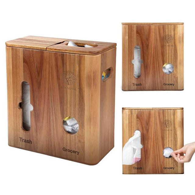 Toumpak 2-in-1 Trash Bag Dispenser Roll Holder & Grocery Bag Dispenser Roll Holder Kitchen organizers and storage Trash Bag Holder Dispenser and Grocery Bag holder - Durable Acacia Wood