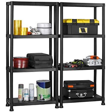 VonHaus 4 Tier Garage Shelving Unit with Wall Brackets (Pack of 2) - Black Plastic Interlocking Utility Storage Shelves - Each Unit: 52 x 24 x 12 inches