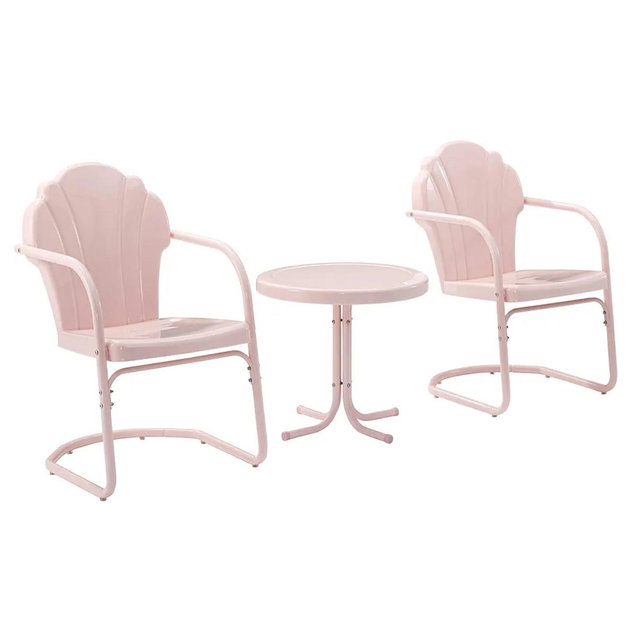 Crosley Furniture Tulip 3-Piece Outdoor Chair and Side Table Set, Retro Metal Patio Conversation Sets, Pink