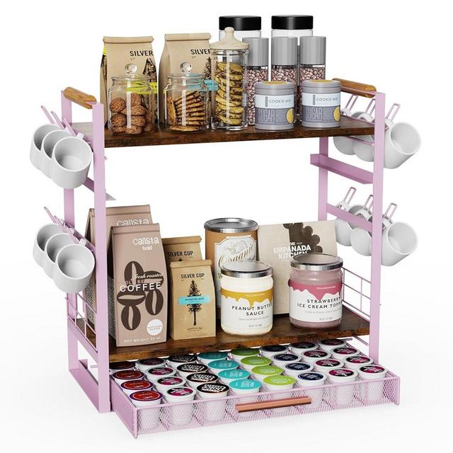 Coffee Bar Station Organizer for Countertop - 32 Pod for K Cup Holder with Drawer and 12Mug Holder, 3 Tier Coffee Bar Accessories (Pink, 3-Tier with 1 drawer)