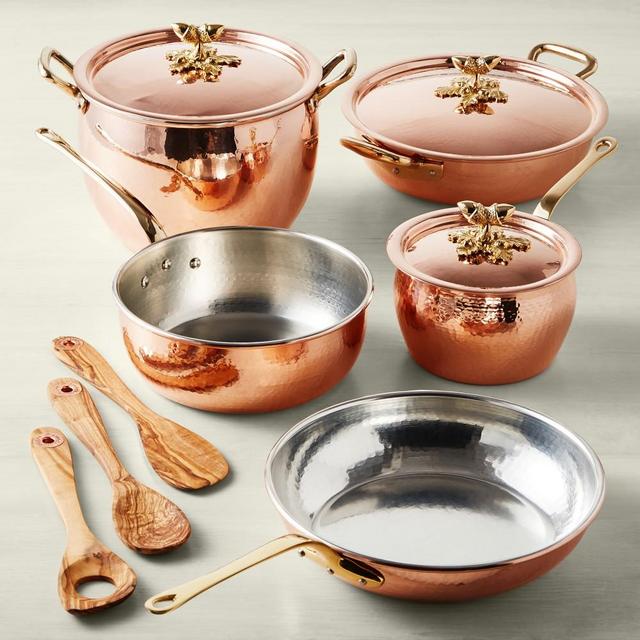 Ruffoni Historia Hammered Copper 11-Piece Cookware Set with Olivewood Tools