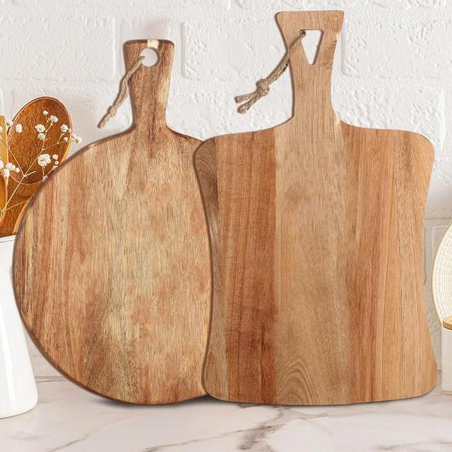 Hsei 2 Pcs Acacia Wood Cutting Board with Handle Wooden Charcuterie Board Large Paddle Carving Chopping Board Set Butter Board Serving Tray for Cheese Meat Fruit Pizza Bread Baking (16x12, 14x8.6inch)