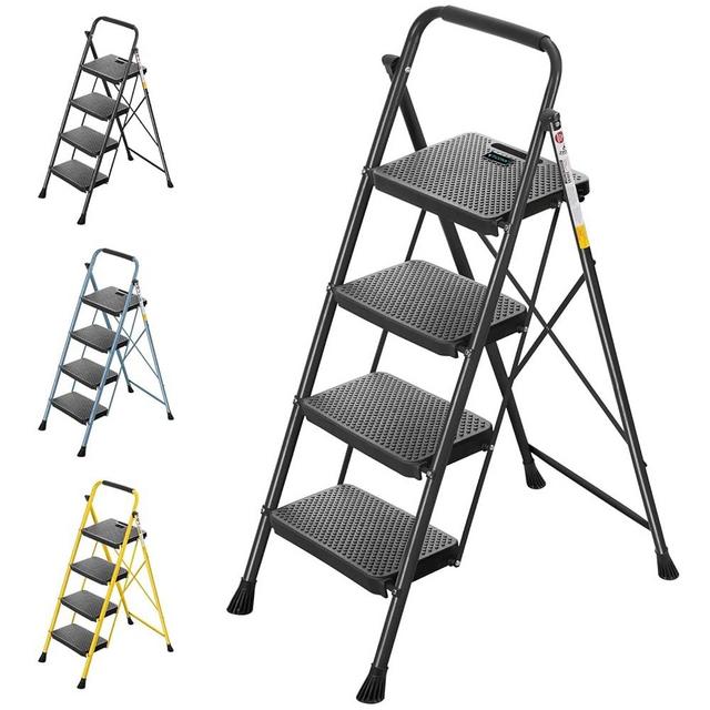 TICONN 4 Step Ladder, Heavy Duty Foldable Step Stool, Portable Steel Folding Stool for Household Garage Storage (Black)
