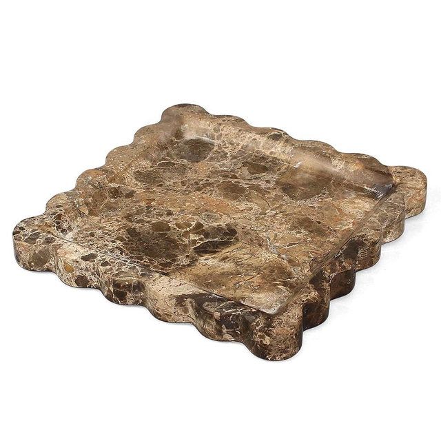 Square Marble Vanity Tray with Scalloped Edge - Natural Marble Perfume Tray Decor for Dresser, Vanity, Kitchen, Home Decor, Decorative Square Stone Tray - Brown 8 * 8 inch
