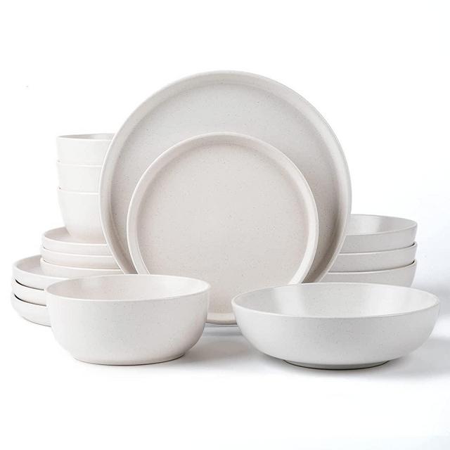 ARORA SKUGGA Round Stoneware 16pc Double Bowl Dinnerware Set for 4, Dinner Plates, Side Plates, Cereal Bowls, Pasta Bowls - Matte White (466077)