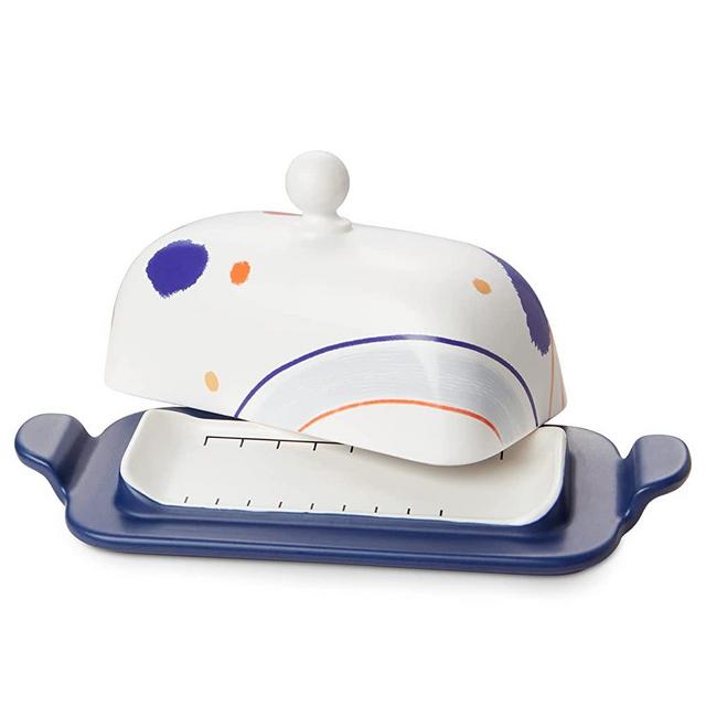 LIFVER Butter Dish with Lid for Countertop - Porcelain Speckled Butter Dish with Cutting Measurements, Perfect Room Decor and Birthday Housewarming Gift, Butter Keeper for East/West Butter, White