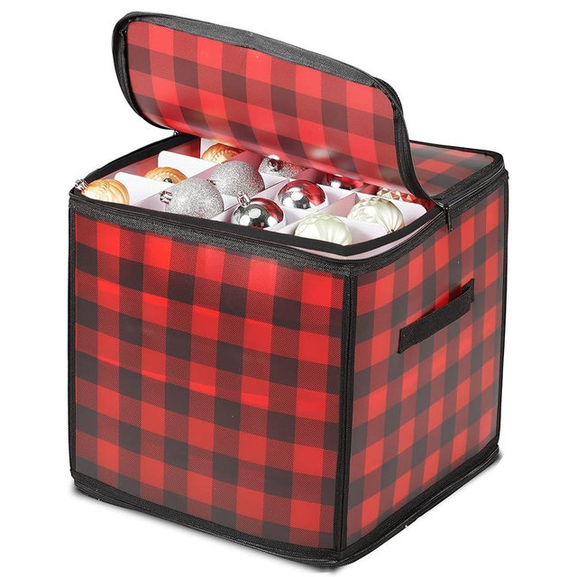 ZOBER Christmas Ornament Storage Box Plastic - Stores 64 3" Ornaments with Individual Trays - Ornament Organizer Storage Box, Durable Christmas Containers Holder - Plaid
