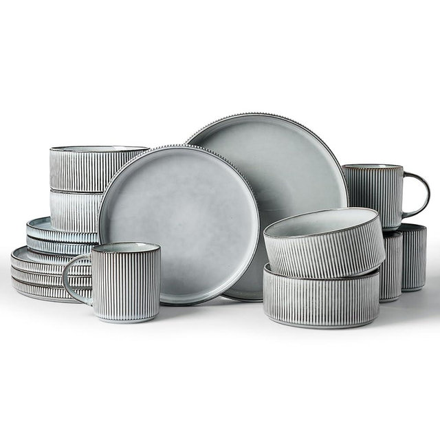 Famiware Star Dinnerware Set with Mugs, Service for 4 (16pcs), Ribbed Stoneware Plates and Bowls Dishes Sets - Chip & Scratch Resistant, Microwave & Dishwasher Safe, Smoky Blue