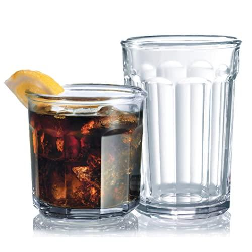 Le'raze Set of 16 Durable Drinking Heavy Base Cups | Glassware Set Includes 8-21oz Highball 8-14oz Tumbler Glasses Ideal for Water, Clear