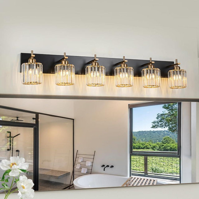 HUOKU 6-Light Crystal Bathroom Vanity Light, Modern Black Gold Bathroom Light Fixtures Over Mirror Crystal Wall Lighting with Polished Gold Finish