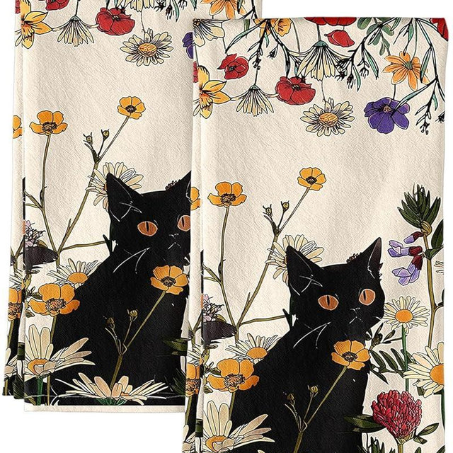 Miss Adola Flour Sack Kitchen Towels - Set of 2 Spring Dish Towels with Hanging Loop 18x26 Inch Absorbent Reusable Cotton Cloths for Cleaning Cute Design Home Decorative Housewarming, Cat in Grass