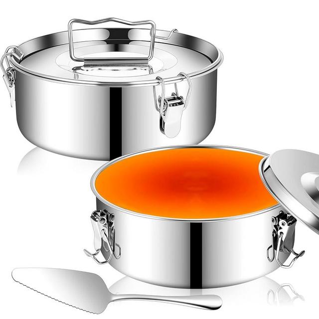 Hushee 2 Pcs Flan Pan for Baking Stainless Steel Flan Mold with Lids 7.5 x 7.5 x 2.95 Inch Round Cake Maker and 2 Spatulas for Baking Pudding Water Bath Steamed Cooking