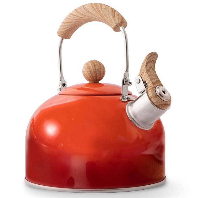 ROCKURWOK Tea Kettle, Whistling Teapot for Stovetop, 2.5-Quart / 80-OZ, Food Grade Stainless Steel with Wooden Folding Handle， Red