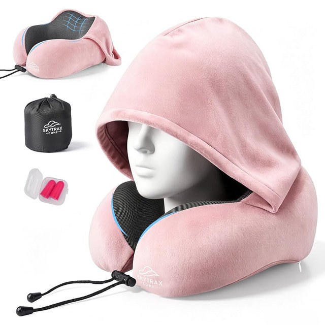 SkytraxComf® Travel Neck Pillow with Hood for Privacy on Long Flights | Memory Foam | Airplane Sleep | Safety-Tested Materials | Extra Large Hood | Chin Support | Earplugs | Washable Cover