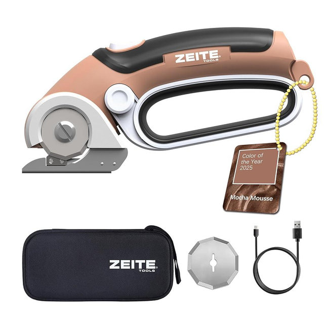 ZEITE 4V Cordless Electric Scissors Cardboard Cutter with 2 Blades,Storage Case,Rotary Cutter for Box Plastic Carpet Fabric, Easy to Hold and Safe,Mocha