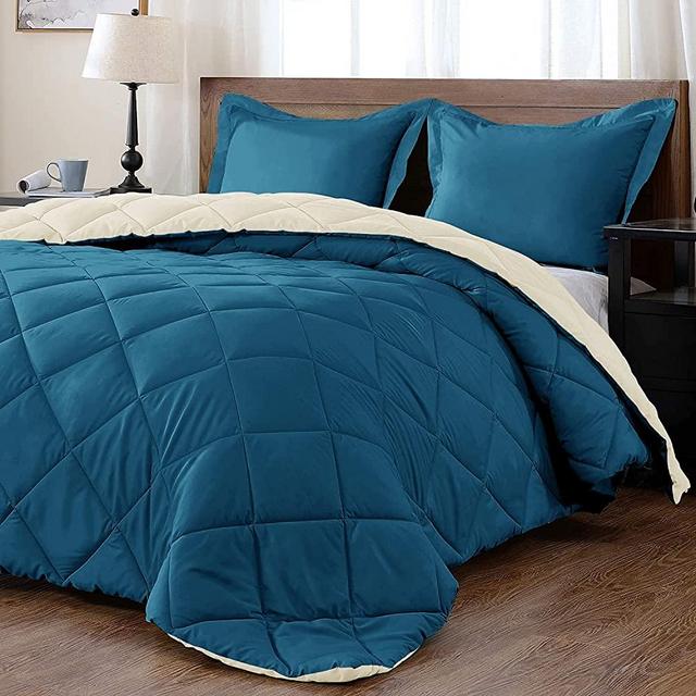 downluxe Lightweight Solid Comforter Set (King) with 2 Pillow Shams - 3-Piece Set - Teal Blue and White - Down Alternative Reversible Comforter