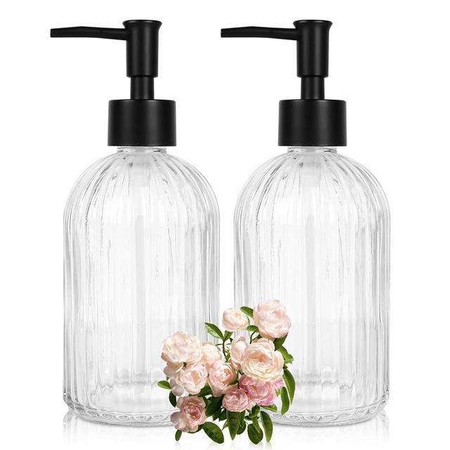 Ulable Clear Glass Soap Dispenser with Pump, 2 Pack 13.5oz Refillable Clear Hand Soap Dispenser with Vertical Stripe for Hand Wash, Elegant Bathroom Soap Dispenser for Dishwashing Liquid, Lotion