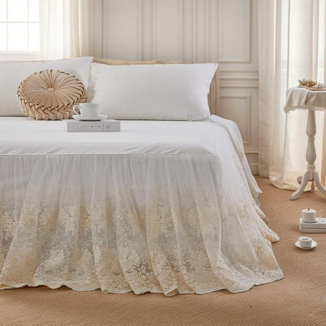 Brandream Lace Bed Skirt Queen Size Cream White 18 Inch Drop Romantic Dust Ruffle Split Corners Bed Sheets Cover Excellent Quality