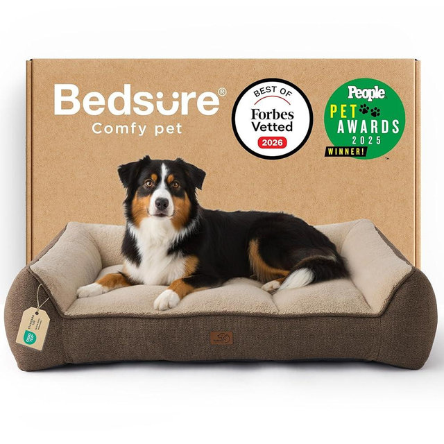 Bedsure SupportMax™ XL Pro Orthopedic Dog Beds Large Sized Dog - Extra Thick Supportive Dogs Couch with Waterproof Washable Cover, Extra Large Comfort Pet Sofa with Soft Sherpa & Nonskid Bottom, Brown
