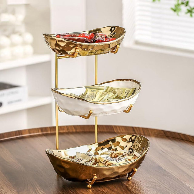 Afeyibu 3-Tier Fruit Bowls for Kitchen Counter,Ceramic Bowl with Gold Metal Stand,3 Tier Fruit Basket for Fruit,Snack,Cake,Nuts,Dessert Storage