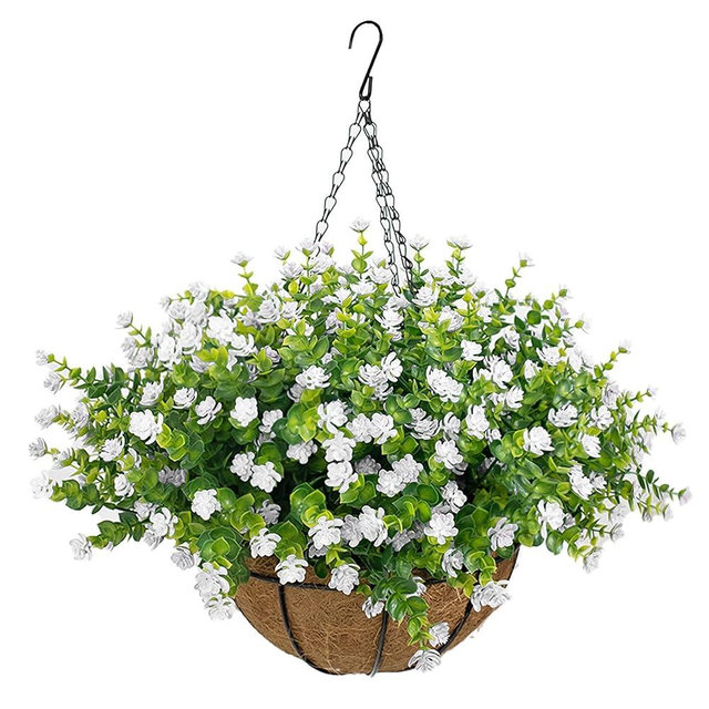 NETAP Artificial Hanging Flowers Basket for Outdoor, 16 Fake Flowers Look Real UV Resistant, Faux Hanging Plants for Porch, Balcony, Patio, Garden, Spring Summer Decor,White
