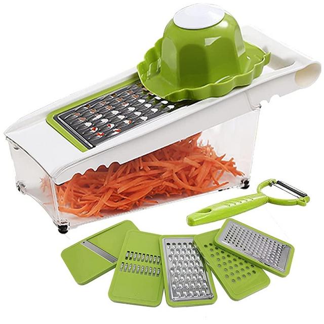 ADODU Vegetable Chopper， Vegetable Slicer ，Vegetable Grater，larger size blade， Pro Food Chopper with Container, Green slicer Grater, 5 Stainless Steel Blades and 1 Peeler