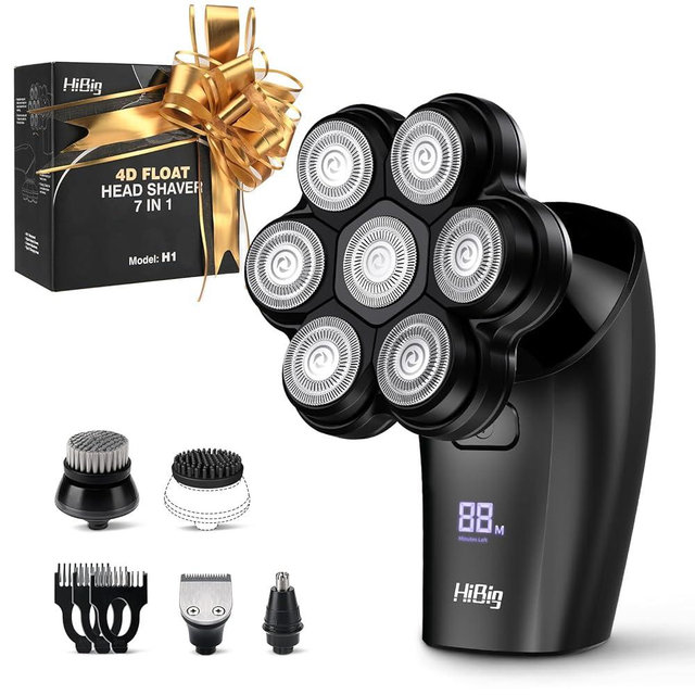HiBig Head Shavers for Bald Men - 7D Arc Magnetic Detachable Electric Razor, Waterproof Wet Dry 5-in-1 Electric Shaving & Grooming Kit, LED Display Rechargeable Head & Body Hair Shaver, Black