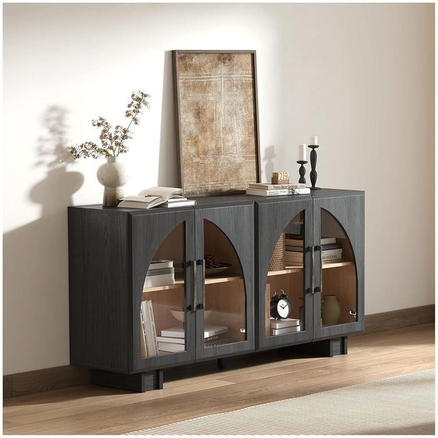 Jiansu furni Buffet Cabinet with Storage, 63 '' Large Sideboard with Glass Doors, Arched Cabinet with Adjustable Shelves,Credenzas for Living Room,Entryway,Kitchen(Black, 4 Doors)