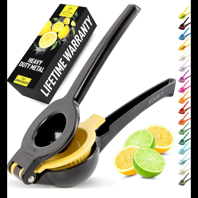 Zulay Kitchen Metal 2-in-1 Lemon Squeezer - Sturdy Max Extraction Hand Juicer Lemon Squeezer Gets Every Last Drop - Easy to Clean Manual Citrus Juicer - Easy-Use Lemon Juicer Squeezer - Black/Yellow