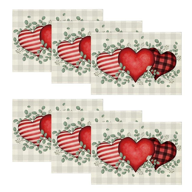 Artoid Mode Buffalo Plaid Eucalyptus Hearts Valentine Placemats Set of 6, 12x18 Inch Wedding Holiday Table Mats for Party Kitchen Dining Decoration