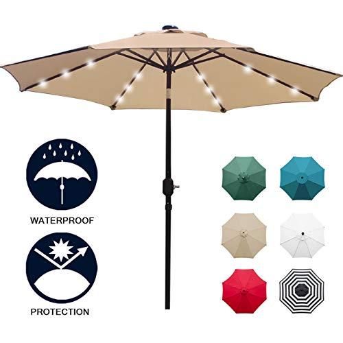 Sunnyglade 9' Solar 24 LED Lighted Patio Umbrella with 8 Ribs/Tilt Adjustment and Crank Lift System (Light Tan)