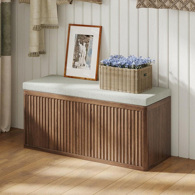 WTWEGMDGE Fluted Shoe Storage Bench with Cushion, 2-Tier Entryway Bench with Storage, Hidden Shoe Cabinet, Entry Way Benches with Storage,for Hallway, Living Room, Bedroom (Shoe Bench-Walnut)