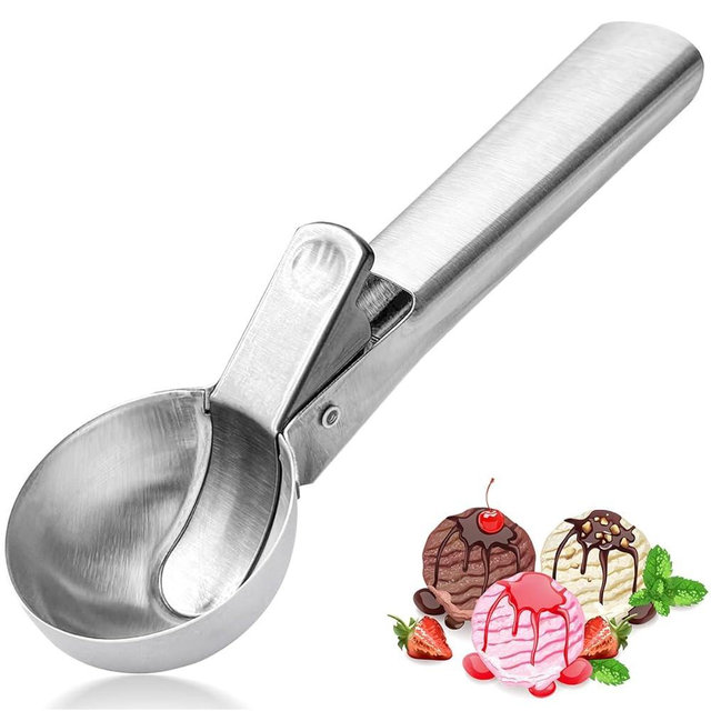 Premium Ice Cream Scoop, Stainless Steel Ice Scoop with Trigger & Ergonomic Handle - One-Push Release for Perfect Scooping, Dishwasher Safe for Ice Cream, Gelato, Sorbet, Cake Batter (1p-silver)