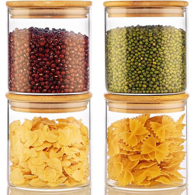 HomArtist Glass Jars with Bamboo Lids 21oz [Set of 4], Salad Fruit Meal Prep Jars with Lids, Air Tight Glass Storage Jars with Lids for Snack, Candy, Oats, Best for Kitchen & Pantry Food Storage