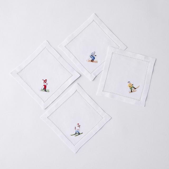 Hand-Embroidered Holiday Skier Cocktail Napkins (Set of 4)