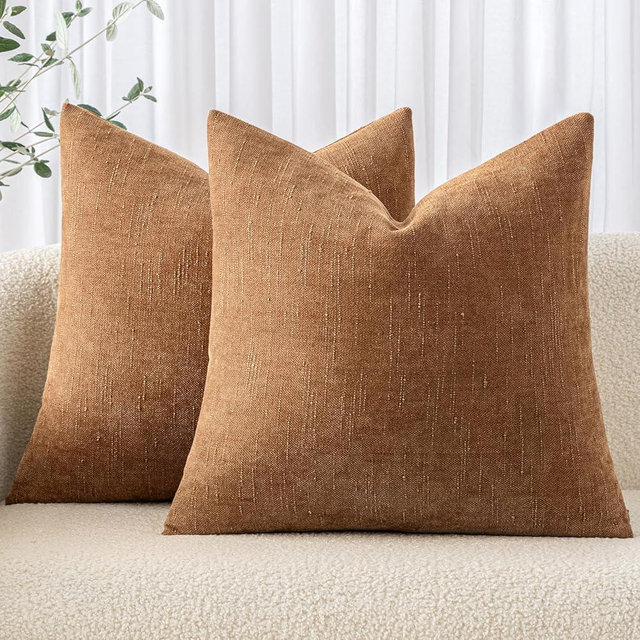 MIULEE Pack of 2 Textured Throw Pillow Covers Decorative Soft Accent Square Chenille Pillowcases Neutral Farmhouse Cushions Modern Home Decor for Couch Sofa Bedroom Living Room 20x20 Inch, Brown