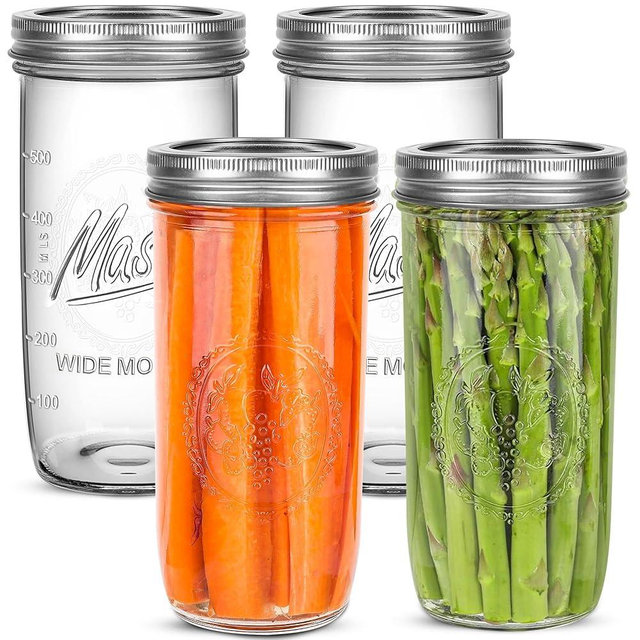 Jeitae 24oz Wide Mouth Mason Jars – 4 Pack Reusable Glass Mason Jars with Airtight Lids for Canning, Pickling, Food Storage, Jam, Jelly, DIY Crafts – Dishwasher Safe