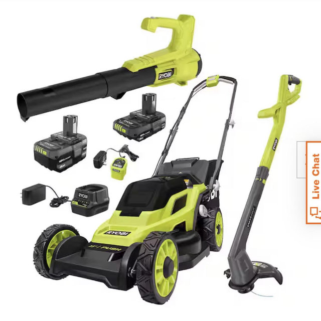RYOBI Lawn Mower, String Trimmer and Blower w/ batteries