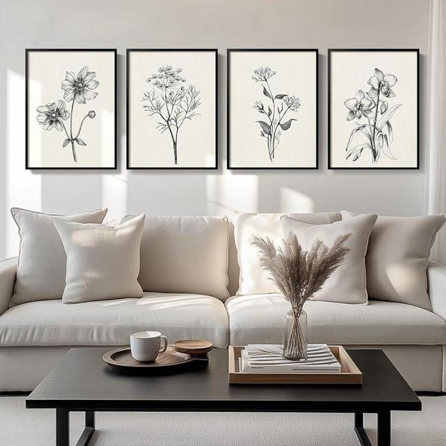 Framed Black and White Floral Wall Art for Living Room, Set of 4 Rustic Flower Canvas Prints Paintings Artwork for Walls, Vintage Minimalist Botanical Pictures for Hallway Bedroom Bathroom Wall Decor