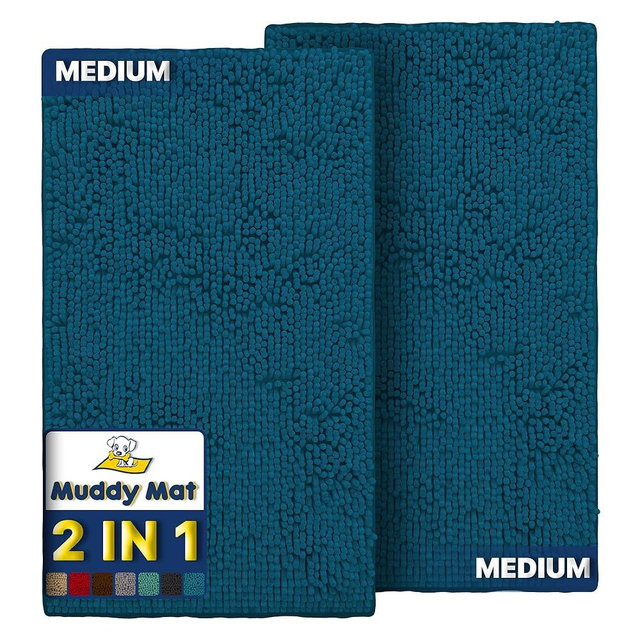 Muddy Mat® 2-Piece Atlantic Blue Medium 30"X19" AS-SEEN-ON-TV Highly Absorbent Microfiber Door Mat, Bath Mat and Pet Rug, Non Slip Thick Washable, Soft Chenille for Kitchen Bedroom Indoor and Outdoor