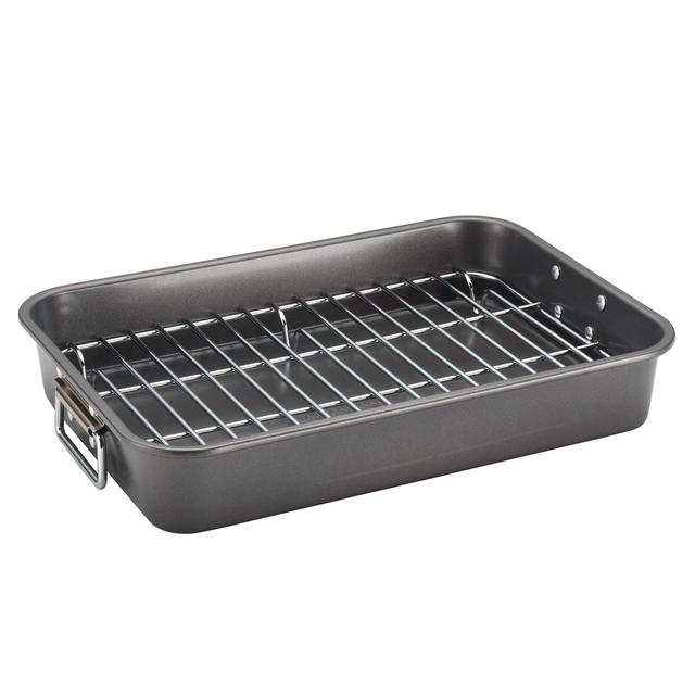 Farberware 57026 Bakeware Nonstick Steel Roaster with Flat Rack, 11-Inch x 15-Inch, Gray