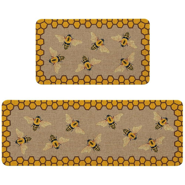 HSOWKDN Summer Bee Kitchen Rugs Sets of 2 Non Slip Washable, Farmhouse Rustic Kitchen Mats for Floor 2 Piece Home Decor