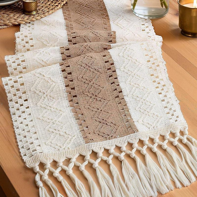 Pureegg Farmhouse Boho Table Runner - 90 Inches, Linen-Textured Woven Tassel Design for Dining Table Decor, Kitchen, Coffee Table & Living Room, 12 x 90 Inch, Brown