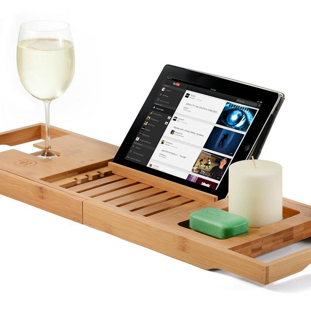 Bamboo Bathtub Caddy Tray, Wooden Bath Tray with Extending Sides, Reading Rack, Tablet Holder, Cellphone Tray, Wine Glass Slot - Gift Idea for Valentine's Day