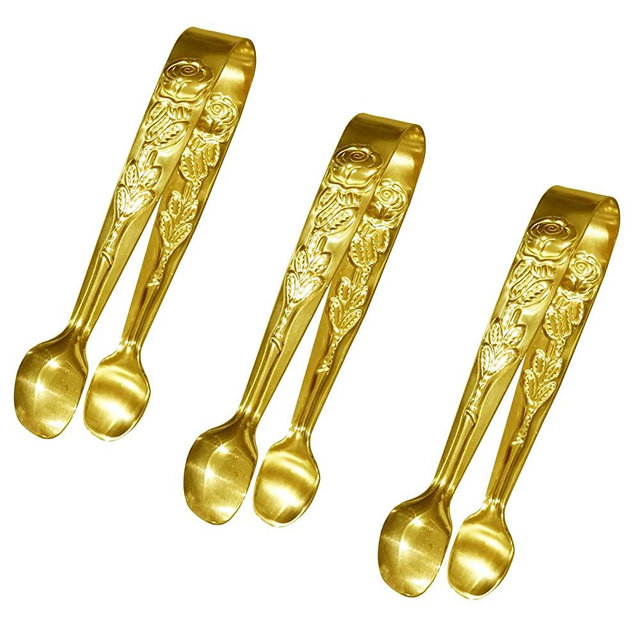 3PCS Mini Serving Tongs, 4Inch Rose Stainless Steel Sugar Cube Tongs, Sliver Small Ice Tongs for Tea and Coffee Party, Appetizers, Desserts by Sunenlyst (Gold)