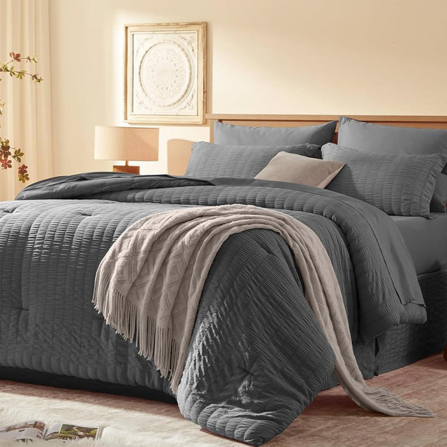 Laojin Balhen Queen Comforter Set 8 Pieces, Seersucker Bed in a Bag Queen, Dark Grey Comforter with Sheets, Comforters Queen Size Bedding Sets with Comforter, Sheets, Pillowcase & Sham and Bed Skirt