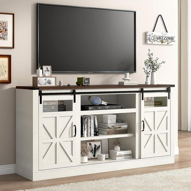 Hlivelood 66" Farmhouse TV Stand with Power Outlets for 75 65 Inch TVs, Entertainment Center with Sliding Barn Door & Large Storage Cabinets w/Adjustable Shelf, 33" Tall TV Media Console, Rustic White