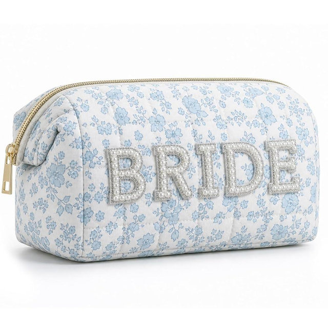 Sunnymove Large Quilted Cotton Bride Patch Letter Floral Makeup Bag for Women Bridesmaid Engagement Gift Bag Pouch Purse Bridal Shower Gifts for Engagement Wedding(8.1" X 5.1" X 2.8",Large Bride)