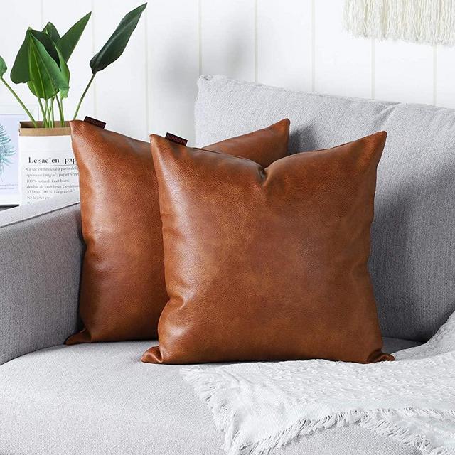 MANDIOO Set of 2 Faux Leather Decorative Throw Pillow Covers Modern Solid Outdoor Cushion Cases Luxury Pillowcases for Couch Sofa Bed 18x18 Inches Brown