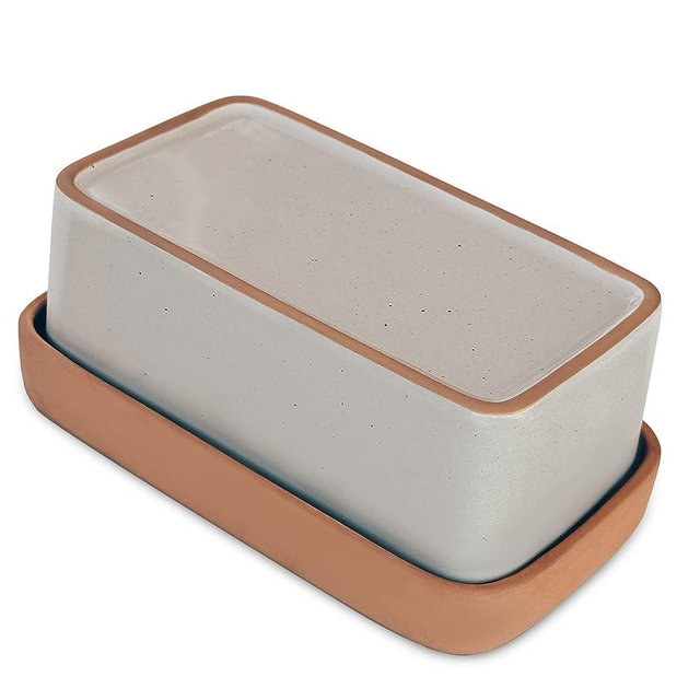 Mora Ceramic Two-in-One Butter Dish with Lid, Covered Butter Crock Container to Leave on Countertop - Large Storage Keeper/Holder for Kitchen, Gifts for Her, Butter Tray For Counter - Earl Grey